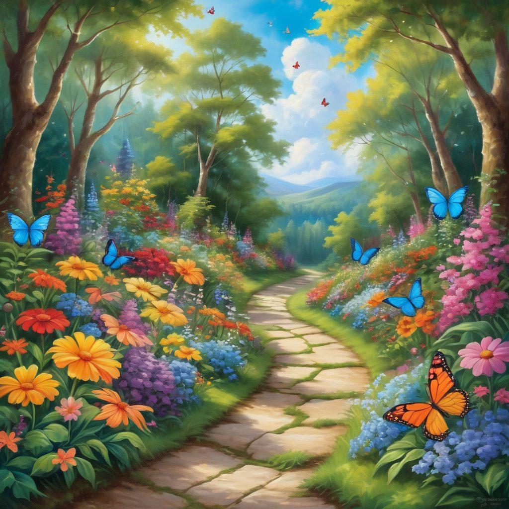 A whimsical pathway lined with colorful flowers and playful butterflies, leading through a lush green forest. Smiling, diverse people of all ages are engaged in joyful activities like painting, dancing, and journaling along the path. The sky is bright and sunny, with fluffy clouds adding a sense of lightness. Vibrant colors and a touch of fantasy enhance the cheerful atmosphere. painting. vibrant colors. whimsical style.