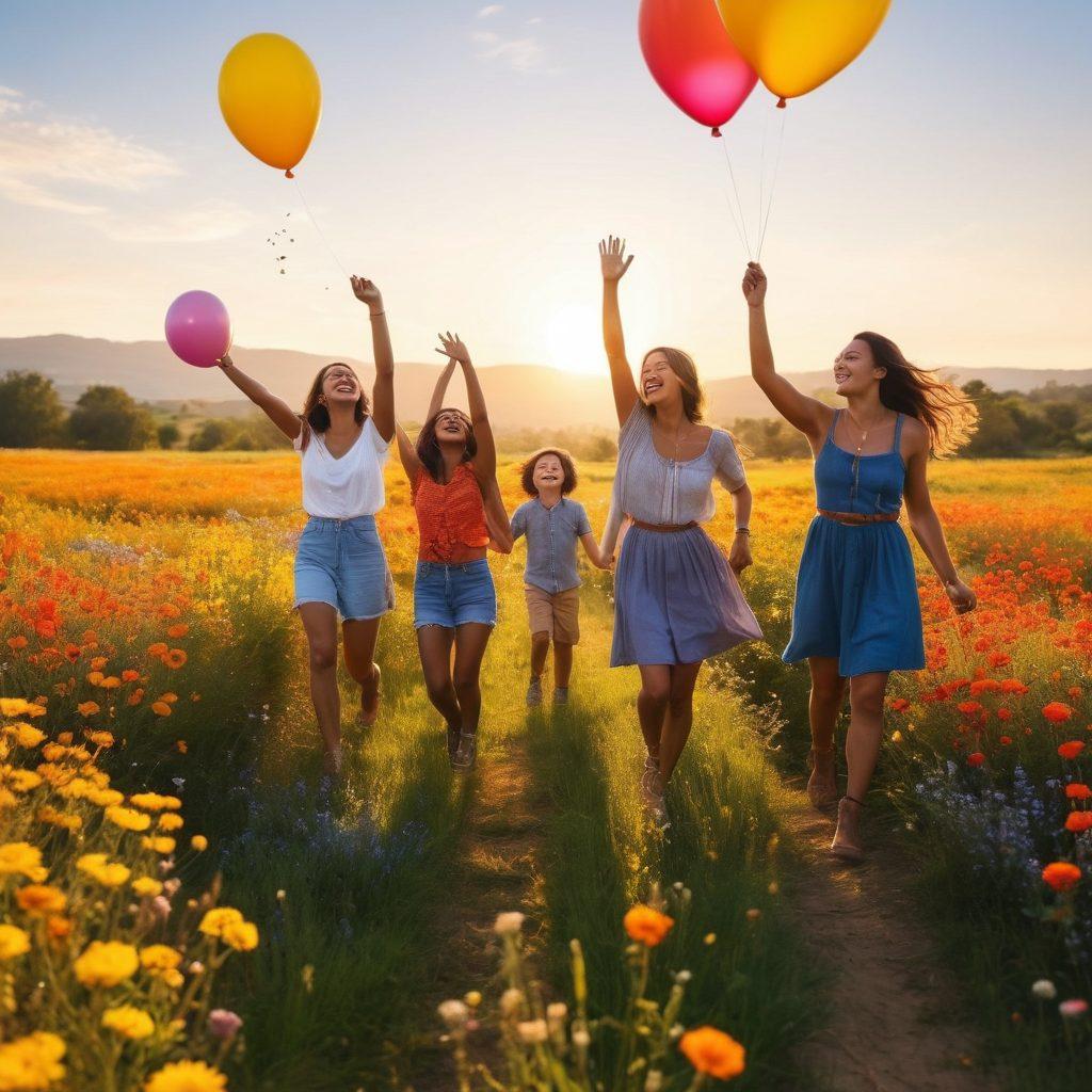 A radiant sun casting golden light over a diverse group of joyful people celebrating in a vibrant field filled with wildflowers. Include elements like colorful balloons, whimsical confetti, and personalized items that represent individuality, such as unique art pieces or custom accessories scattered around. The scene should evoke feelings of happiness and connection, showcasing smiles and laughter. Use bright, warm colors to emphasize joy and positivity. super-realistic. vibrant colors. 3D.