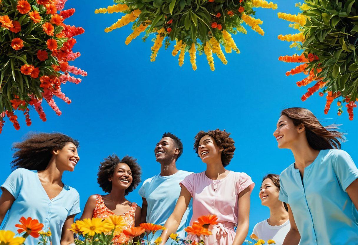 A serene landscape featuring a diverse group of people experiencing joyful moments, each engaging in their own personalized strategies for happiness. Include elements like blooming flowers, a clear blue sky, and soft sunlight illuminating their faces. Illustrate a sense of community and warmth, with vibrant colors and a harmonious atmosphere. The image should capture a transformative journey from elation to pure joy. super-realistic. vibrant colors. 3D.